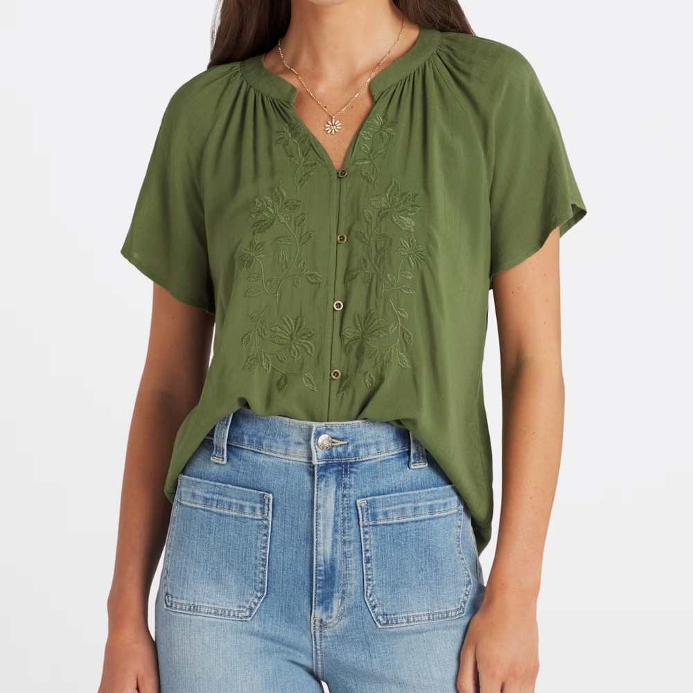 Green Short Sleeve Relaxed Gretchen Button Detail Blouse